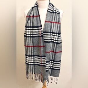 Cashmink Light Grey Red Black White Fringed Plaid Muffler Versatile Cozy Scarf